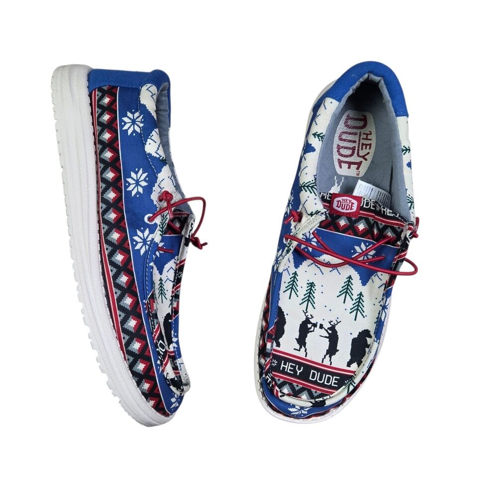 Hey Dude Wally Holiday Cheers Shoes Mens Size 12 Blue Lightweight Easy Slip On